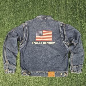 Vintage Ralph Lauren Polo Sport USA Flag Denim Jacket Men Large Blue Trucker NEW